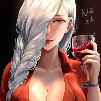 Rule 34 | 1girl, alcohol, black nails, braid, braided bangs, braided ponytail, breasts, commission, cowboy shot, cup, drinking glass, hair over face, hair over one eye, highres, jujutsu kaisen, kohaii arts, long hair, mei mei (jujutsu kaisen), one eye covered, solo, vgen commission, white hair, wine, wine glass