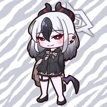 1girl absurdres animal_print bag black_hair black_shirt black_shoes blue_archive bow brown_jacket chibi closed_mouth collared_shirt commentary_request dress_shirt ear_piercing full_body gradient_hair grey_hair halo handbag high_heels highres holding holding_bag horns jacket kayoko_(blue_archive) looking_at_viewer low_wings multicolored_hair piercing print_bow print_skirt purple_wings red_eyes saishosaisekojo shirt shoes single_wing skirt smile solo standing two-tone_hair unworn_jacket wings zebra_print