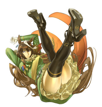 1girl absurdres aiguillette animal_ears ascot belt black_shoes black_thighhighs buttons cape clenched_hand closed_mouth commentary_request double-breasted dress earrings epaulettes full_body gloves green_dress hair_between_eyes high_heels highres horse_ears horse_girl horse_tail horseshoe jewelry legs_up long_hair long_sleeves looking_at_viewer mary_janes medal multicolored_hair purple_eyes red_cape rope ruukii_drift shoe_soles shoes simple_background single_earring single_epaulette solo strappy_heels streaked_hair symboli_rudolf_(umamusume) tail thighhighs umamusume very_long_hair white_ascot white_background white_gloves zettai_ryouiki