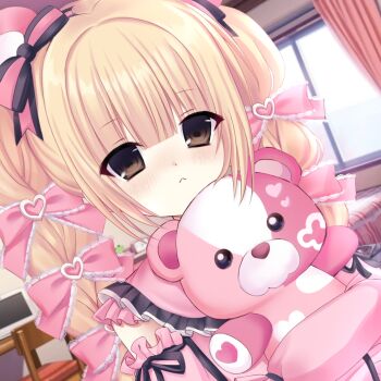 1girl :&lt; animal_ears black_bow black_ribbon blonde_hair blunt_bangs blurry blurry_background blush bow braid brown_eyes chair child closed_mouth curtains day detached_sleeves dress dutch_angle frills hair_bow hair_ornament hair_ribbon heart heart_hair_ornament holding holding_stuffed_toy hugging_object identity_v indoors jirai_kei long_hair long_sleeves looking_at_viewer memory_(identity_v) pink_bow pink_dress pink_sleeves ribbon sleeveless solo stuffed_animal stuffed_toy teddy_bear twin_braids twintails upper_body window xinjinjumin5990126