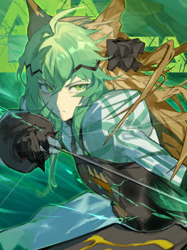 1girl animal_ears armor arrow_(projectile) atalanta_(fate) atalanta_alter_(fate) atalanta_alter_(third_ascension)_(fate) black_gloves black_skirt blonde_hair bow_(weapon) braid breastplate breasts cat_ears commentary_request drawing_bow dress fate/grand_order fate_(series) gloves gradient_hair green_dress green_eyes green_hair highres holding holding_bow_(weapon) holding_weapon juliet_sleeves long_hair long_sleeves looking_at_viewer medium_breasts multicolored_hair puffy_sleeves skirt solo striped_clothes striped_dress suzuhi_(fullprayer) weapon