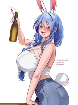 1girl :d animal_ears blue_hair blue_pants bottle bow braid braided_ponytail breasts cleavage commentary denim english_commentary from_side hair_bow hair_over_shoulder highres holding holding_bottle hololive huge_breasts jeans long_hair looking_at_viewer oioi_ainomo open_mouth pants pekomama rabbit-shaped_pupils rabbit_ears rabbit_girl rabbit_tail red_eyes short_eyebrows simple_background smile solo symbol-shaped_pupils tail teeth thick_eyebrows upper_teeth_only virtual_youtuber white_background white_bow white_hair