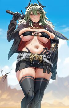 1girl belt black_gloves black_horns black_jacket black_panties black_skirt black_thighhighs blue_sky breasts caesar_king_(zenless_zone_zero) closed_mouth collar commentary cowboy_shot day english_commentary fur-trimmed_jacket fur_trim g-string gloves hair_between_eyes hair_intakes hair_ornament hand_on_own_hip highres holding holding_sword holding_weapon horns jacket jacket_on_shoulders large_breasts navel outdoors panties partially_visible_vulva piukute062 prosthesis prosthetic_arm red_collar signature single_glove skirt sky smile solo stomach sword thighhighs thighs thong underwear weapon whale_tail_(clothing) white_belt x_hair_ornament yellow_eyes zenless_zone_zero