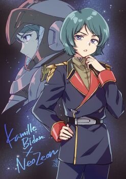 1boy alternate_costume alternate_universe aqua_hair bad_end belt blue_eyes char&#039;s_counterattack character_name commentary_request gundam helmet highres in-franchise_crossover kamille_bidan kuroi_mimei looking_ahead looking_at_viewer male_focus mecha_pilot_suit military_uniform multiple_views nebula open_mouth science_fiction signature space standing star_(sky)