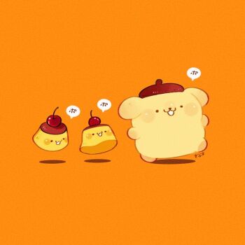:3 animal animal_focus beret blush_stickers cherry commentary dog food fruit full_body hat no_humans open_mouth orange_background pompompurin pudding sanrio sentient_food smile symbol-only_commentary tenmiyakiyo translation_request
