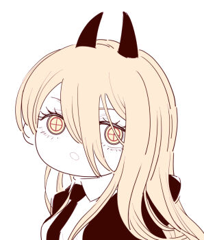 1girl blonde_hair chainsaw_man chibi chibi_only collared_shirt cross-shaped_pupils deer60868637 demon_girl demon_horns hair_between_eyes horns jacket limited_palette long_hair_between_eyes necktie power_(chainsaw_man) shirt solo symbol-shaped_pupils yellow_eyes