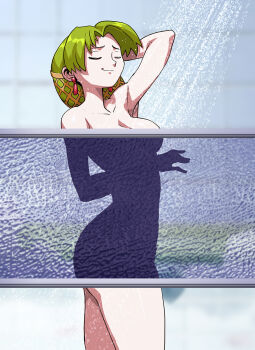 1girl ass breasts closed_mouth convenient_censoring daga closed_eyes glass grandia grandia_i green_hair highres large_breasts lilly_(grandia) nude shower_(place) shower_scene showering silhouette solo standing