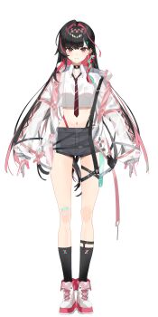 1girl absurdres black_choker black_hair black_shorts black_socks boots braid breast_pocket charon_universe choker closed_mouth collared_shirt crop_top crop_top_overhang ear_piercing full_body gloves highleg highres jacket kneehighs long_hair long_sleeves looking_at_viewer midriff miharu_(charon_universe) multicolored_hair navel necktie o-ring o-ring_choker off_shoulder official_art open_clothes open_jacket piercing pink_gloves pocket red_eyes red_hair red_necktie scottie_(phantom2) see-through_clothes see-through_jacket shirt short_shorts shorts smile socks stomach streaked_hair striped_necktie tachi-e thighs transparent_background two-tone_hair very_long_hair virtual_youtuber white_boots white_shirt