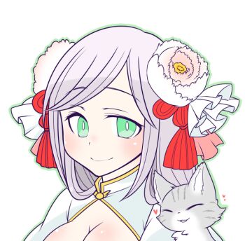 Rule 34 | 1girl, arch bishop (ragnarok online), blush, breasts, cat, cleavage, cleavage cutout, closed mouth, clothing cutout, commentary request, dress, flower, green eyes, grey cat, grey hair, hair flower, hair ornament, long hair, looking at viewer, medium breasts, oekakipikki, portrait, ragnarok online, simple background, smile, solo, swept bangs, white background, white dress, white flower