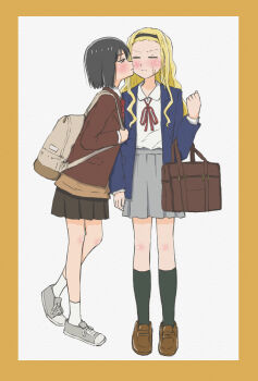 2girls backpack bag black_hair black_hairband black_socks blazer blonde_hair blush border brown_jacket closed_eyes closed_mouth commentary grey_skirt hairband highres jacket kirarazaka_marina kneehighs kuze_shizuka long_hair massa79 multiple_girls neck_ribbon red_ribbon ribbon scar scar_on_face school_bag school_uniform shirt short_hair skirt socks takopii_no_genzai white_background white_shirt white_socks yellow_border yuri