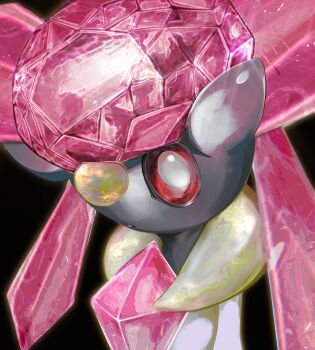 1girl black_skin chest_jewel colored_sclera colored_skin commentary_request diancie expressionless gem gen_6_pokemon gold highres legendary_pokemon looking_at_viewer mythical_pokemon nintendo pink_gem pokemon pokemon_(creature) pokemon_focus portrait red_sclera solo white_eyes yu_rey