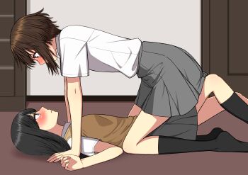 2girls absurdres black_hair black_socks blush brown_eyes brown_hair brown_sweater_vest collared_shirt commentary_request grey_eyes grey_skirt highres indoors long_hair multiple_girls on_floor original parted_lips pleated_skirt ryuusa school_uniform shirt short_hair skirt socks straddling sweater_vest white_shirt yuri