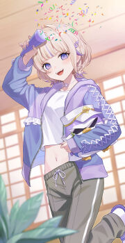 1girl absurdres black_pants blonde_hair choker crop_top highres hololive hololive_dev_is jacket kiina_(mrnsor) long_sleeves midriff multicolored_hair navel open_mouth pants purple_eyes purple_hair purple_jacket shirt smile solo stomach sweatpants todoroki_hajime todoroki_hajime_(1st_costume) virtual_youtuber white_shirt