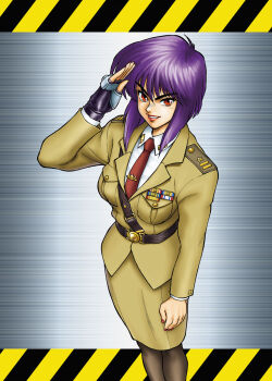 1girl belt breasts brown_pantyhose collar fingerless_gloves ghost_in_the_shell ghost_in_the_shell:_stand_alone_complex gloves highres kusanagi_motoko lips looking_at_viewer military_dress_uniform military_uniform necktie pantyhose parted_lips pencil_skirt purple_hair red_eyes red_lips red_nails red_necktie salute sam_browne_belt shirow_masamune_(style) single_fingerless_glove skirt smile solo usahachi white_collar