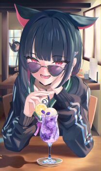 2girls :d absurdres animal_ears bespectacled black_hair black_hoodie blue_archive blunt_bangs blunt_ends blush bob_cut cat_ears cat_girl colored_inner_hair commentary drink drinking_straw drop_shadow elbows_on_table extra_ears eyelashes glasses green_sailor_collar grey_eyes hair_intakes hair_ornament hairclip hand_on_own_cheek hand_on_own_face hand_up happy highres hno3_3hcl holding holding_drinking_straw hood hood_down hoodie indoors jitome kazusa_(blue_archive) kikyou_(blue_archive) long_sleeves looking_at_viewer multicolored_hair multiple_girls open_mouth peeking_out pink_hair red_eyes sailor_collar school_uniform serafuku short_hair sidelighting slit_pupils smile solo_focus straight-on sunglasses teeth tsurime upper_body