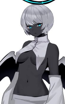 Rule 34 | 1girl, absurdres, agamemega, aqua eyes, bat wings, black skin, breasts, colored skin, cropped shirt, dark-skinned female, dark skin, detached sleeves, expressionless, halo, highres, looking at viewer, navel, original, shirt, short hair, simple background, solo, spot color, underboob, white background, white hair, white shirt, white sleeves, wings