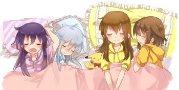 4girls akatsuki_(kancolle) blanket blue_hair blue_shirt blush brown_hair closed_eyes closed_mouth collared_shirt commentary_request double-parted_bangs dress fang frilled_pillow frills gen_1_pokemon hair_between_eyes hibiki_(kancolle) hood hoodie ikazuchi_(kancolle) inazuma_(kancolle) kantai_collection long_hair long_sidelocks medium_hair motohara_moka multiple_girls nintendo open_mouth pikachu pillow pink_shirt pokemon purple_hair shirt short_sleeves sidelocks simple_background sleeping smile upper_body white_background yellow_hoodie