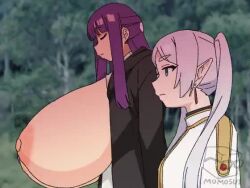 2girls alternate_breast_size_(larger) angry animated artist_logo averting_eyes book bouncing_breasts breast_expansion breasts breasts_out bursting_breasts fern_(sousou_no_frieren) flat_chest frieren gigantic_breasts green_eyes large_areolae large_breasts logo long_hair lowres mage_staff magic momo_no_suidou-sui multiple_girls nipples outdoors pointy_ears purple_hair sousou_no_frieren staff tagme video white_hair
