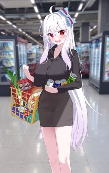 1girl 82jhin black_shirt black_skirt breasts can condom_box food large_breasts long_hair looking_at_viewer meat original photo_(object) photo_background red_eyes shirt skirt solo twitter