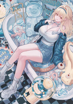 1girl :3 absurdres axolotl bag bare_shoulders bathtub between_breasts blonde_hair blue_jacket blue_nails blueberry blush breasts cake camisole candy cherry chewing_gum choker commentary denim denim_jacket denim_skirt donut earrings english_commentary faucet food fruit full_body goddess_of_victory:_nikke gumball gumball_machine gummy_bear hairband hand_up handbag heart highres holding holding_food ice_cream ice_cream_float jacket jewelry large_breasts lollipop long_hair looking_at_viewer macaron miniskirt nail_polish off_shoulder official_alternate_costume pretzel ring shoes sitting skirt sneakers socks solo strap strap_between_breasts sxrxri_a tia_(lovely_date)_(nikke) tia_(nikke) tongue tongue_out whipped_cream white_bag white_camisole yellow_eyes