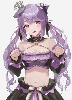 Rule 34 | 1girl, absurdres, animal ear fluff, animal ears, atsushima, black bow, black collar, black ribbon, black skirt, black sleeves, black tube top, blush, bow, skirt bow, breasts, cat ears, cat girl, cleavage, collar, commentary request, cowboy shot, criss-cross halter, crown, detached collar, detached sleeves, ear ribbon, fang, frilled tube top, frills, grey background, hair bow, halterneck, highres, ina uruu, looking at viewer, low twintails, medium breasts, midriff, mini crown, nanashi inc., navel, open mouth, paw pose, pink eyes, purple hair, ribbon, simple background, skirt, smile, solo, strapless, tube top, twintails, two-tone bow, virtual youtuber, white bow