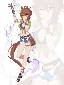 1girl absurdres agnes_tachyon_(lunatic_lab)_(umamusume) agnes_tachyon_(umamusume) ahoge animal_ears belt belt_pouch bikini black_belt black_bikini black_gloves black_sandals blue_shorts breast_pocket breasts brown_eyes brown_hair canister cleavage commentary_request criss-cross_halter diffraction_spikes ear_ornament flask full_body gloves green_jacket hair_between_eyes halterneck highres holding holding_flask horse_ears horse_girl horse_tail huge_ahoge jacket kii-kun_(agnes_tachyon)_(umamusume) leather_strap medium_hair messy_hair midriff nanaken_(qijian23092715) navel official_alternate_costume official_alternate_hairstyle open_clothes open_fly open_shorts pocket ponytail pouch sandals short_ponytail short_shorts shorts sidelocks single_glove standing standing_on_one_leg swimsuit tail thigh_belt thigh_strap tied_jacket torn_clothes torn_shorts umamusume wrist_straps zoom_layer