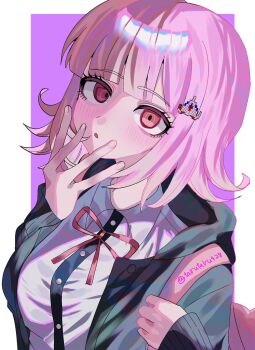 1girl :o blush breasts collared_shirt commentary_request danganronpa_(series) danganronpa_2:_goodbye_despair flipped_hair hair_ornament highres jacket long_sleeves looking_at_viewer medium_hair nanami_chiaki neck_ribbon open_clothes open_jacket pink_background pink_eyes pink_ribbon ribbon shirt solo tarutaru428 white_background white_shirt