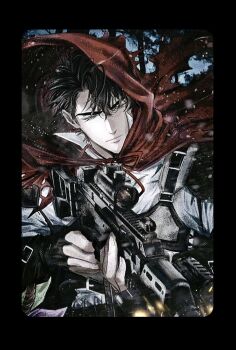 1boy black_gloves black_hair chest_belt cloak fingerless_gloves gloves gun h&amp;k_g36c hair_between_eyes highres holding holding_gun holding_weapon hood hood_up looking_at_viewer male_focus omniscient_reader&#039;s_viewpoint one_eye_closed red_cloak rifle scope serious shirt short_hair sniper_rifle snowing solo torn_clothes toupou39 upper_body vest weapon white_shirt wind yoo_joonghyuk