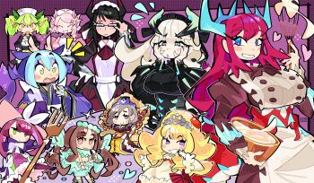 absurdres black_dress blonde_hair blue_eyes blue_hair bourbunbun breasts brown_hair chamber_dragonmaid chibi commentary dragon_girl dragon_horns dragon_tail dragonmaid_cehrmba drawn_heart dress eastern_dragon_horns english_commentary glasses green_eyes green_hair grey_hair halftone highres horns house_dragonmaid japanese_clothes kitchen_dragonmaid large_breasts laundry_dragonmaid madolche_anjelly madolche_magileine madolche_puddingcess madolche_queen_tiaramisu maid maid_headdress mixed_maids multicolored_eyes multicolored_horns multiple_girls nurse_dragonmaid parlor_dragonmaid pink_hair purple_background purple_eyes purple_hair red_hair smile table tail two-tone_horns wa_maid whisk white_hair yellow_eyes yu-gi-oh!