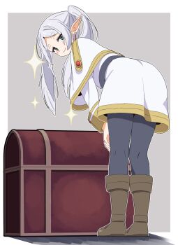1girl blush boots brown_boots capelet closed_mouth commentary_request dress earrings elf frieren green_eyes highres jewelry leaning_forward long_hair looking_at_viewer looking_back noyama_takenoko pantyhose pointy_ears smile solo sousou_no_frieren treasure_chest twintails white_capelet white_dress white_hair