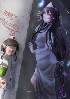 2girls black_hair brown_eyes brown_hair dress elbow_gloves fusou_(kancolle) ghost_costume gloves hair_between_eyes halloween halloween_costume happy_halloween hat highres japanese_clothes kamo_mayor kantai_collection kimono long_hair low-tied_long_hair multiple_girls nurse nurse_cap official_alternate_costume patchwork_clothes puffy_short_sleeves puffy_sleeves red_eyes red_hair shiroshouzoku short_hair short_hair_with_long_locks short_sleeves sidelocks thighhighs triangular_headpiece ukuru_(halloween)_(kancolle) ukuru_(kancolle) very_long_hair white_dress white_gloves white_kimono white_thighhighs
