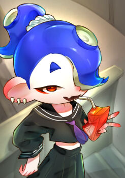 Rule 34 | 1girl, absurdres, alternate costume, black shirt, black skirt, blue hair, commentary request, drink carton, drinking straw, earrings, eyeshadow, highres, indoors, jewelry, juice box, looking at viewer, makeup, meta-g (curc8737), multiple earrings, necktie, nintendo, octoling, open mouth, pleated skirt, ponytail, purple necktie, red eyes, red eyeshadow, sailor collar, sailor shirt, shirt, shiver (splatoon), skirt, smile, solo, splatoon (series), splatoon 3, standing, tooth earrings