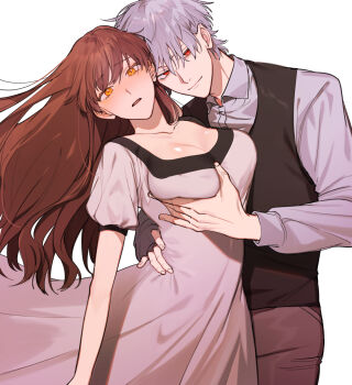 1boy 1girl black_vest brown_hair brown_pants closed_mouth commentary_request dress grabbing_another's_breast grey_hair groping hetero long_hair long_sleeves looking_at_viewer male_yandere orange_eyes original pants shirt short_hair short_sleeves simple_background smile umekoppe vest white_background white_dress white_shirt yandere