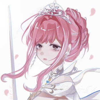 1girl aegyo_sal bare_shoulders brown_eyes chinese_commentary collar commentary_request detached_collar dress earrings eyelashes frilled_collar frills hair_bun highres holding holding_sword holding_weapon infinity_nikki jewelry liushenhualushui09446 looking_at_viewer melody_bloom_(infinity_nikki) nikki_(nikki) nikki_(series) off-shoulder_dress off_shoulder open_mouth petals pink_hair sample_watermark short_hair_with_long_locks short_sleeves sidelocks simple_background single_hair_bun speech_bubble sword tiara upper_body watermark weapon white_background white_collar white_dress