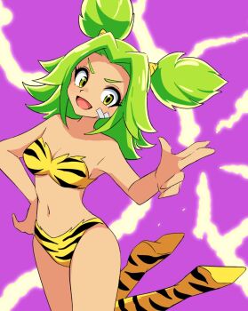 1girl :d animal_print bandaid bandaid_on_face bikini boots breasts cosplay electricity finger_gun green_hair highres kukurixi league_of_legends lum lum_(cosplay) medium_breasts navel open_mouth parted_bangs purple_background sidelocks simple_background smile solo swimsuit tiger_print twintails urusei_yatsura yellow_bikini yellow_boots yellow_eyes zeri_(league_of_legends)