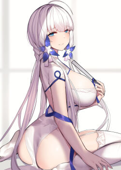 Rule 34 | 1girl, ahoge, ass, azur lane, bed, bedroom, blue eyes, blush, breast focus, breasts, butt crack, closed mouth, commentary request, dress, fan, feet, female focus, flower, from side, garter straps, hair flower, hair ornament, hair ribbon, illustrious (azur lane), illustrious (maiden lily's radiance) (azur lane), implied nopan, large breasts, long hair, looking at viewer, mole, mole under eye, on bed, ribbon, sidelocks, sitting, siu (siu0207), skindentation, smile, solo, thick thighs, thighhighs, thighs, twintails, very long hair, white dress, white hair, window