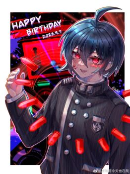 1boy ahoge artist_name black_background black_jacket blood blood_on_face blood_splatter blue_hair border bullet buttons collared_jacket crazy crest danganronpa_(series) danganronpa_v3:_killing_harmony dated double-breasted english_text eyelashes fangs feiwu_xiang_jintian_yezaipa hair_between_eyes happy_birthday high_collar highres jacket layered_sleeves long_sleeves male_focus marking_on_cheek open_mouth out_of_character outline outside_border outstretched_hand pink_outline pinstripe_jacket pinstripe_pattern pocket red_eyes saihara_shuichi short_hair simple_background smile solo teeth undershirt upper_body watermark weibo_watermark white_border