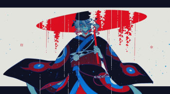 1boy bandana black_bandana black_kimono blending checkered_sash closed_mouth colored_tips commentary_request cowboy_shot facepaint flat_color gekijouban_mononoke grey_background grey_hair hair_between_eyes hand_up hanging_plant holding holding_umbrella itoshun japanese_clothes kimono kusuriuri_(gekijouban_mononoke) letterboxed long_bangs looking_at_viewer low-tied_medium_hair male_focus medium_hair mononoke multicolored_hair obi outside_border pink_hair rain red_sash red_umbrella sash smile solo straight-on translation_request two-tone_hair umbrella white_eyes