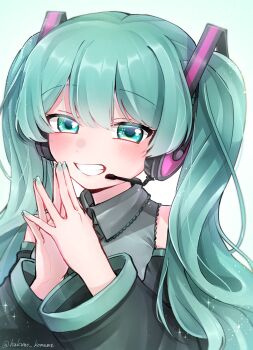 1girl aqua_eyes aqua_hair aqua_nails aqua_trim blush commentary detached_sleeves double-parted_bangs frilled_shirt_collar frills grey_shirt grin half-closed_eyes hands_up hatsune_miku headset highres looking_at_viewer miku_day nekomame39 own_hands_together shirt smile solo sparkle teeth twintails twitter_username upper_body vocaloid