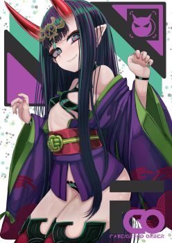 1girl b.d bare_shoulders breasts commentary_request eyeliner fate/grand_order fate_(series) headpiece highres horns japanese_clothes kimono long_hair long_sleeves looking_at_viewer makeup obi off_shoulder oni petite purple_eyes purple_hair purple_kimono revealing_clothes revision sash short_kimono shuten_douji_(fate) skin-covered_horns small_breasts smile solo wide_sleeves