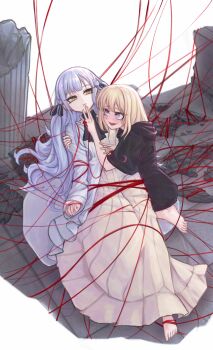 2girls bang_dream! bang_dream!_it's_mygo!!!!! barefoot black_hoodie black_ribbon blue_hair brown_dress coat commentary dress english_commentary hair_ribbon highres hood hood_down hoodie long_hair long_sleeves misumi_uika multiple_girls open_mouth parted_lips purple_eyes ribbon short_sleeves sidelocks sophie_(bang_dream!) string string_of_fate togawa_sakiko tomare_(akashingou) white_coat yellow_eyes yuri