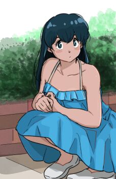 1girl black_eyes blue_dress blush dress highres maison_ikkoku non-web_source otonashi_kyouko poppowerhearts shoes solo squatting stone_walkway white_shoes