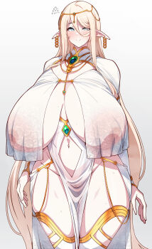 1girl absurdres blonde_hair blue_eyes blush breast_curtains breasts breasts_apart closed_mouth cowboy_shot curvy earrings elf elf_princess_(konoshige) female_focus gigantic_breasts gradient_background groin hair_between_eyes hair_ornament highres huge_areolae jewelry konoshige_(ryuun) lace long_hair navel original pelvic_curtain pointy_ears revealing_clothes see-through_clothes shiny_skin sidelocks skindentation smile solo standing sweat thick_thighs thighhighs thighs very_long_hair wide_hips