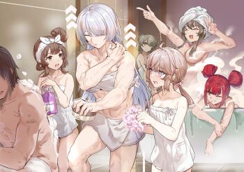 1boy 463_jun 6+girls absurdres ahoge ak-15_(girls'_frontline) bathroom black_hair bottle breasts brown_eyes brown_hair cheyanne_(girls'_frontline_2) closed_mouth collarbone commander_(girls'_frontline) commentary_request convenient_censoring cz75_(girls'_frontline) double_bun faceless faceless_male faye_(girls'_frontline_2) fingernails girls'_frontline girls'_frontline_2:_exilium hair_bun hands_up highres holding holding_bottle indoors k2_(girls'_frontline) lainie_(girls'_frontline_2) long_hair looking_at_another m200_(girls'_frontline) mayling_shen_(girls'_frontline_2) medium_breasts medium_hair multiple_girls naked_towel nude one_eye_closed orange_eyes petite pointing ponytail purple_eyes red_hair shared_bathing small_breasts smile steam steam_censor toned toned_female toned_male towel towel_on_head ump40_(girls'_frontline) voymastina_(girls'_frontline_2) wet white_hair yellow_eyes yoohee_(girls'_frontline_2)