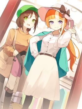 2girls akikawa_yayoi_(umamusume) belt bow breasts brown_hair commentary_request green_eyes green_hat grin hand_fan hand_on_own_hip harufude hat hat_bow hayakawa_tazuna holding holding_fan holding_jacket holding_unworn_clothes jacket jacket_on_shoulders long_hair long_sleeves looking_at_viewer multicolored_hair multiple_girls orange_hair pink_hat ponytail price_tag purple_eyes shirt skirt smile streaked_hair umamusume unworn_jacket white_shirt yellow_shirt