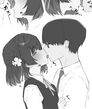 1boy 1girl absurdres blush closed_eyes commentary_request dera_self flower french_kiss gakuen_idolmaster glasses greyscale hair_flower hair_ornament hataya_misuzu hetero highres idolmaster kiss monochrome multiple_views necktie producer_(idolmaster) saliva school_uniform shirt short_hair simple_background tongue tongue_out upper_body white_background