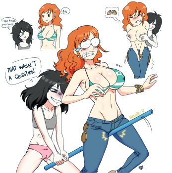 2girls asuka2004 black_hair breasts cameltoe crotch_pain cunt_punt cuntbreaker female_pervert green_eyes groin_attack kuroki_tomoko large_breasts multiple_girls nami_(one_piece) one_piece pain panties pervert pussy_torture red_hair small_breasts taco underwear watashi_ga_motenai_no_wa_dou_kangaetemo_omaera_ga_warui! wet wet_clothes wet_panties yuri