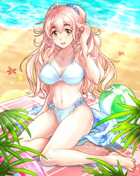 1girl ball beach beachball bikini blue_bikini breasts idolmaster idolmaster_cinderella_girls kaga_kasama large_breasts long_hair looking_at_viewer pink_hair saionji_kotoka solo starfish swimsuit yellow_eyes
