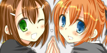 Rule 34 | 1boy, 1girl, baka to test to shoukanjuu, blue eyes, brown hair, formal clothes, green eyes, kinoshita hideyoshi, konoe subaru, mayo chiki!, orange hair, ponytail, reverse trap, ribbon, trap