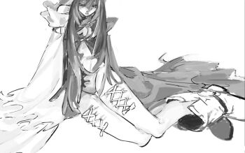 Rule 34 | 1girl, 666kirsh, amo empool, bare shoulders, boots, bow, breasts, cleavage, closed mouth, corset piercing, detached sleeves, dress, frilled sleeves, frills, gachiakuta, greyscale, long hair, looking down, monochrome, open door, panties, sleeves past fingers, sleeves past wrists, solo, underwear